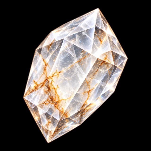A clear faceted quartz crystal with warm golden mineral veins.