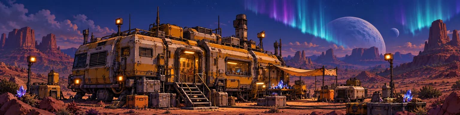 Werner’s yellow mineral laboratory parked on red rock beneath the Stillreach sky